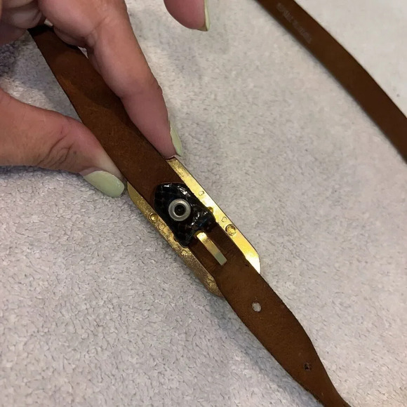 Vtg Reptile Veritable Belt Brown Snakeskin Skinny Leather Gold Plate Buckle 1/2" - Picture 9 of 12